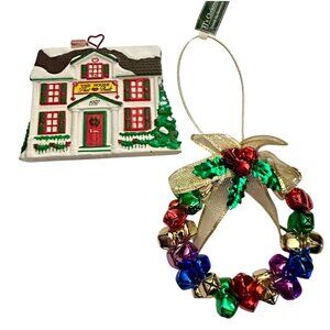 Vintage Christmas Ornaments - Dept. 56 1997 Ceramic House & Jingle‎ Bell Wreath